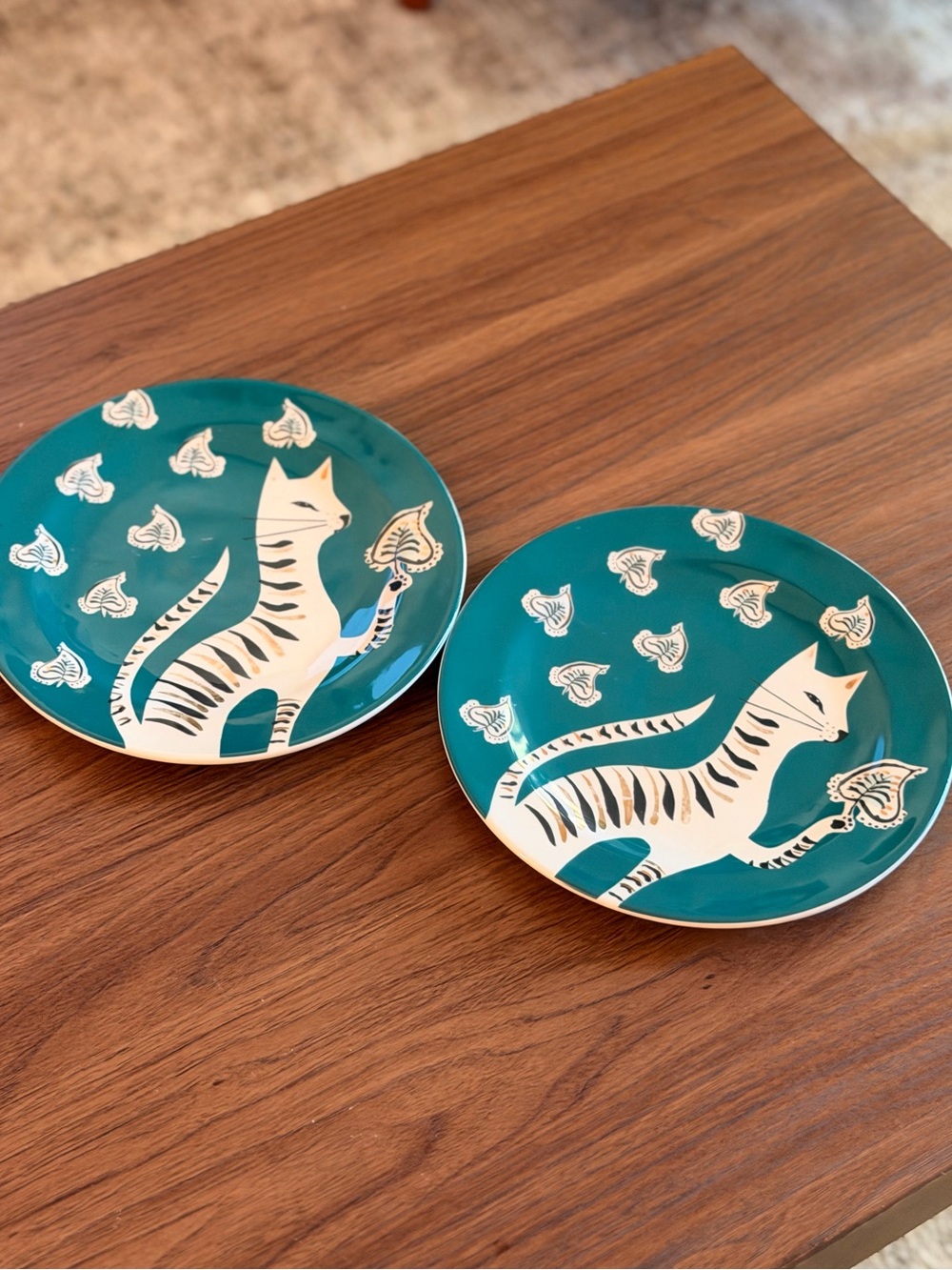 Set of 2 Anthropologie Corinna Cat Dessert Plate Stoneware Transferware Teal